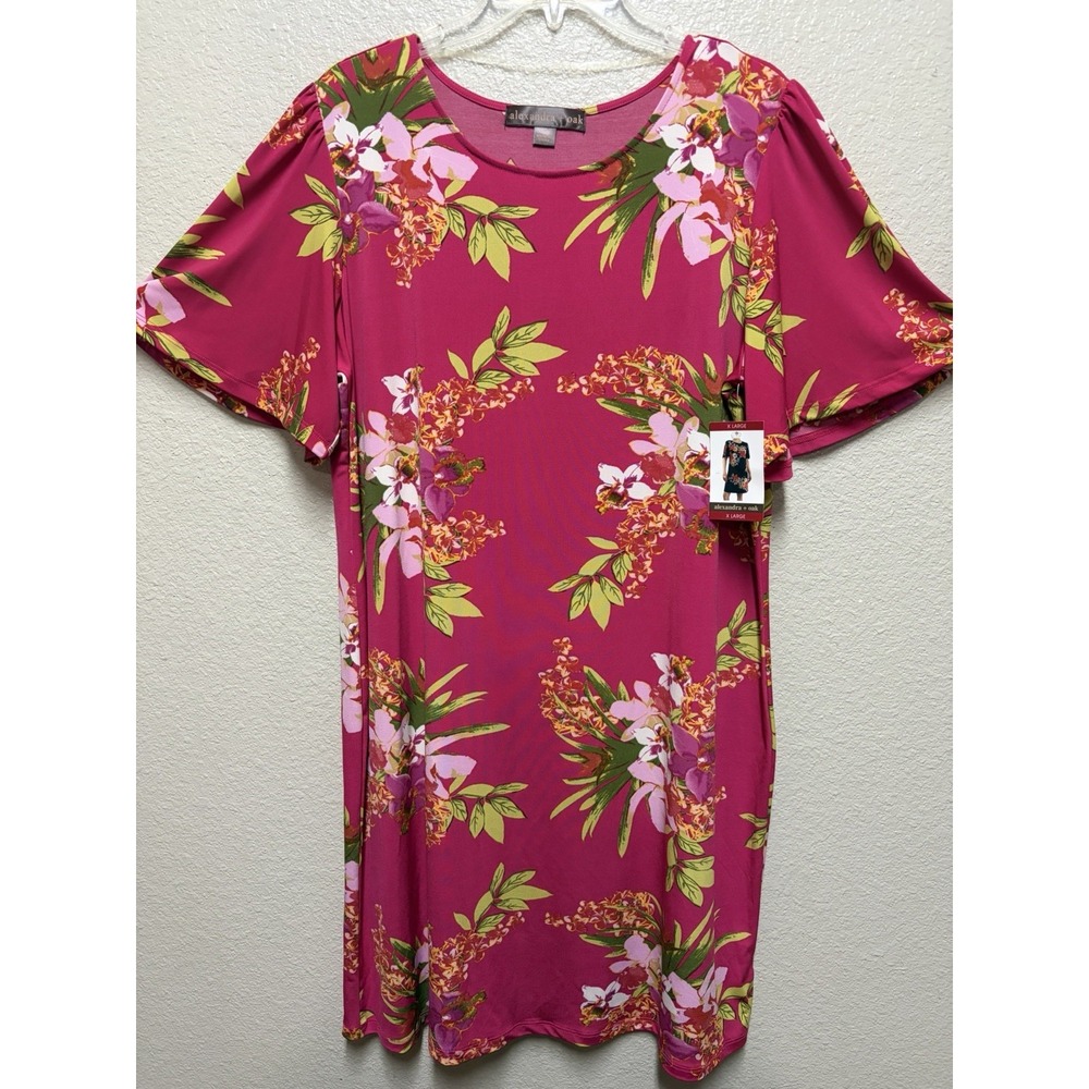 Alexandra + Oak XL Pink Floral Jersey Shift Dress Knee Length Flutter Sleeve